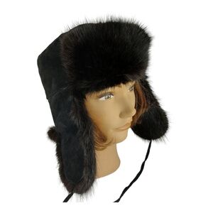 Vintage trapper hat aviator style winter cap black suede leather real fur UNISEX